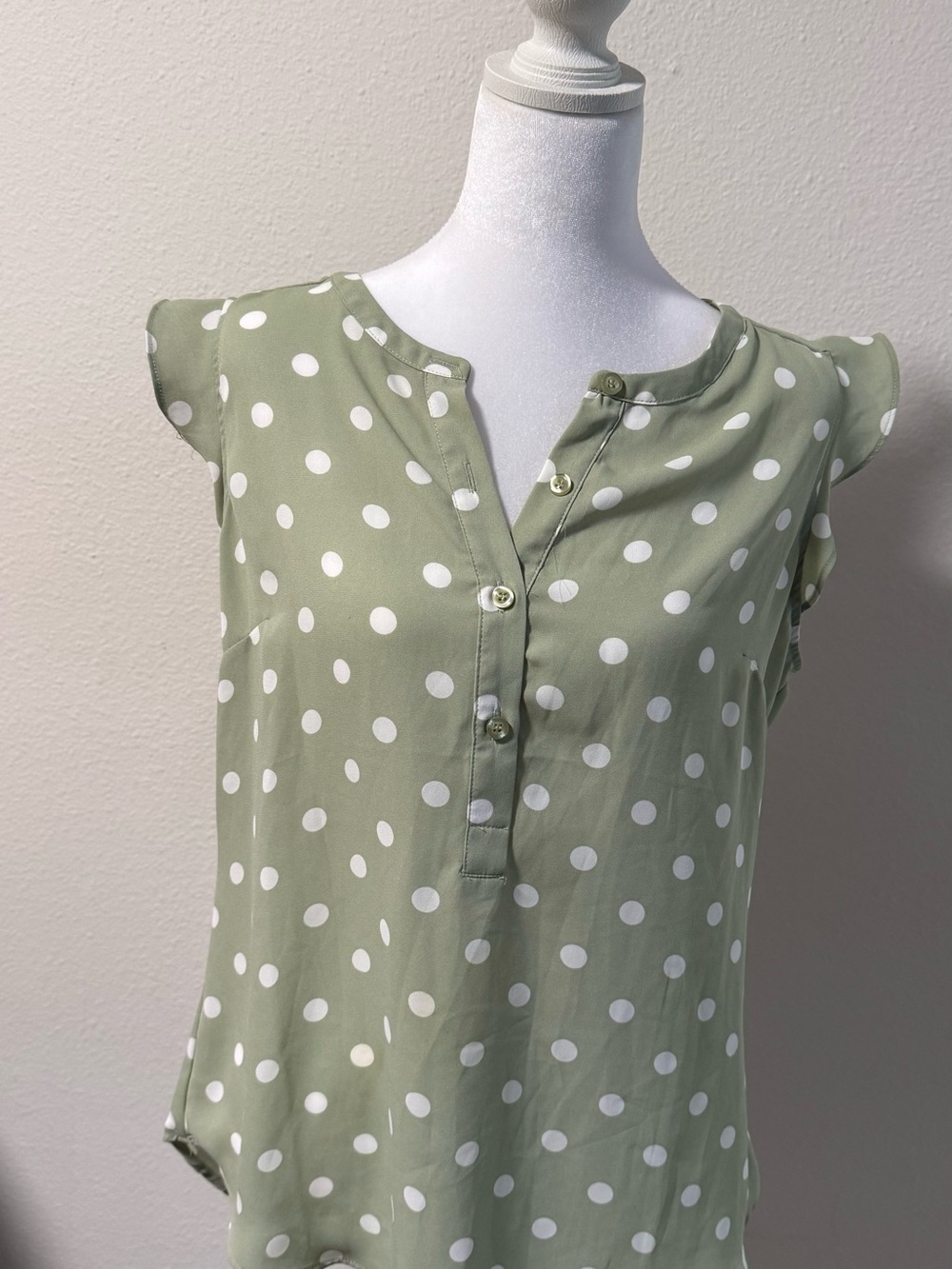New York & Company Sage Green & White Polka Dot Sleeveless Top